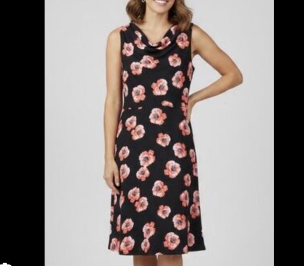 Talbots Petite 14WP Black Red Floral Cowl Neck Sheath Dress Career Midi
